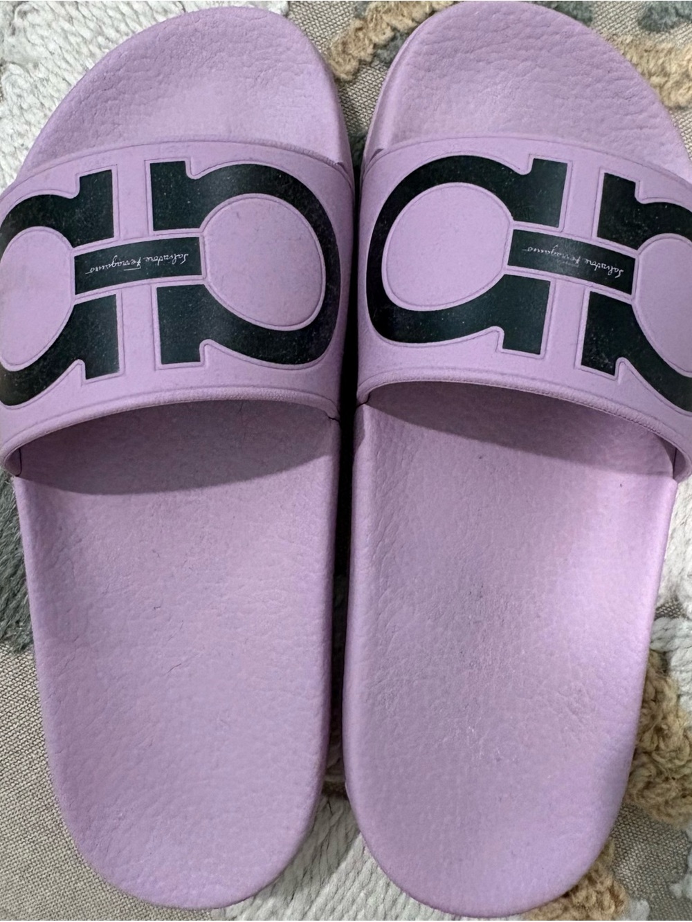Salvatore Ferragamo Lilac Slide Sandals with Black Logo Strap